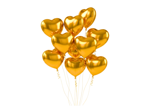 Cluster of golden heart shaped balloons isolated on transparent background