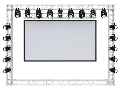 Stage lighting truss with projection screen isolated on transparent background