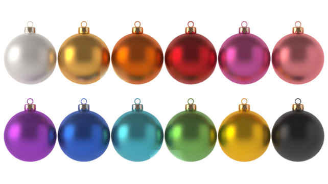 Collection of Twelve Shiny Christmas Ornaments in Various Colors on White Background decoration holiday isolated on a transparent background - Powered by Adobe