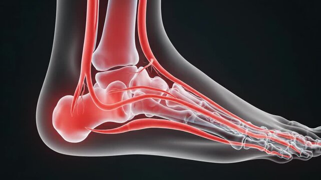 Detailed medical animation showing the skeletal structure and soft tissues of the human foot and ankle. Red glowing areas illustrate the progression of pain and inflammation in the plantar fascia.