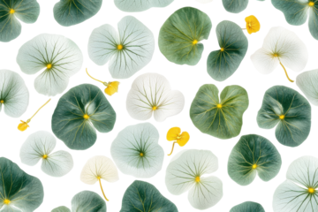 Collection of green and white nasturtium leaves isolated on transparent background. Nasturtium leaves isolated on white background.