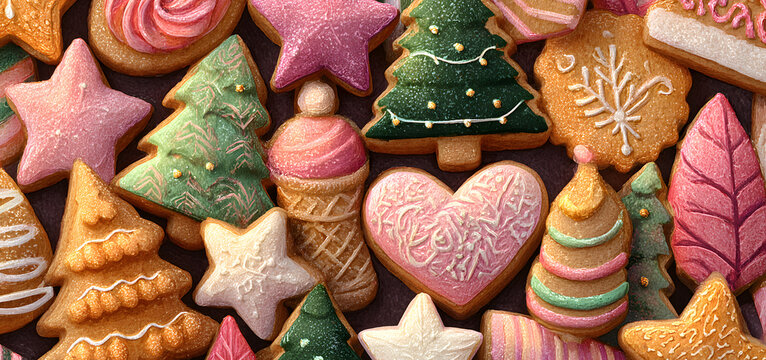 Watercolor christmas cookie set. Gingerbread holiday sweet snack with icing, candy star, tree, heart vector illustration