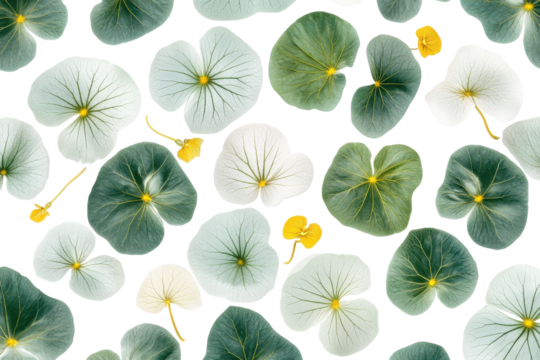 Collection of green and white nasturtium leaves isolated on transparent background. Nasturtium leaves isolated on white background.