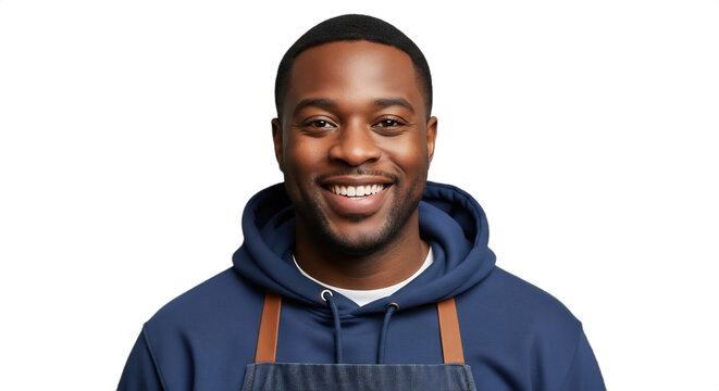 Smiling 29-35 Black man, proud food truck owner serving soup, a professional headshot with clean edges for marketing, culinary, entrepreneurship, and winter promotions.