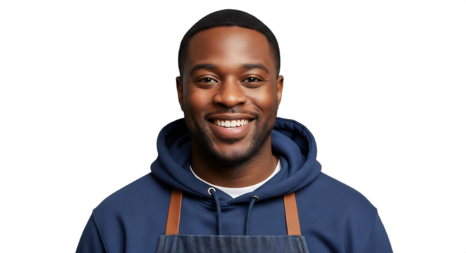 Smiling 29-35 Black man, proud food truck owner serving soup, a professional headshot with clean edges for marketing, culinary, entrepreneurship, and winter promotions.
