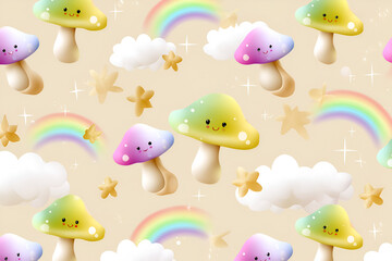 Cute cartoon mushrooms with rainbows and clouds on beige background