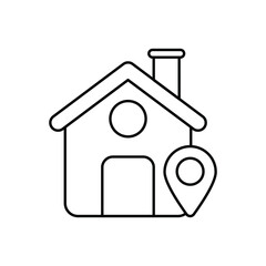 A black and white line drawing of a house with a door chimney and location pin