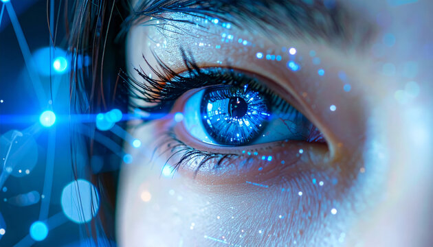 Cyber eye digital data blue light futuristic technology iris reflection human closeup network cyber eye with digital data reflection blue light, futuristic technology feel, showing iris detail