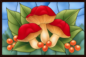 Colorful stained glass art with red mushrooms and green leaves