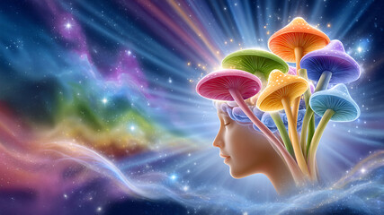 Surreal female profile with colorful mushrooms and cosmic background