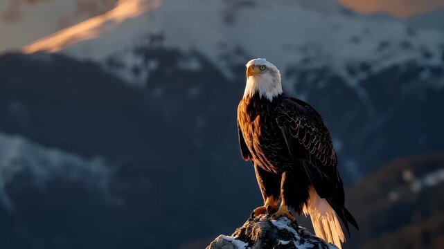 A majestic bald eagle stands atop a snowcovered rock, its wings spread wide, against a backdrop of a serene mountain range during sunset. The golden hues of the setting sun illuminate the scene.