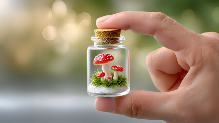 Miniature red amanita mushrooms in glass jar with cork lid, microdosing