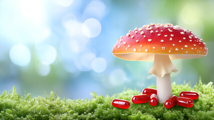 Amanita mushroom with red capsules on lush green moss background, microdosing