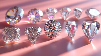 Sparkling gemstones of varying cuts arranged on a pink surface with soft shadows