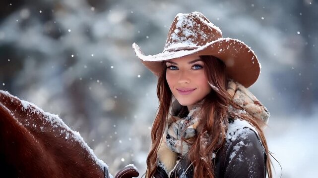 A woman in a cowboy hat and scarf stands amidst a snowy landscape, her face partially obscured by the snowflakes. She wears a brown hat adorned with white snow.