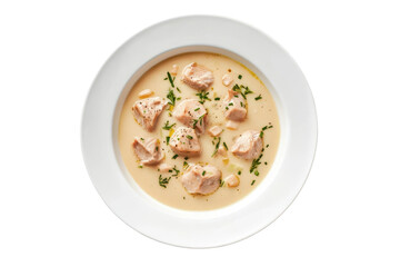 Hearty beef stew with creamy sauce and garnish isolated on transparent background. Plate of blanquette de veau isolated on white background.