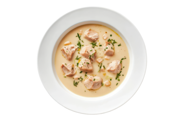 Hearty beef stew with creamy sauce and garnish isolated on transparent background. Plate of blanquette de veau isolated on white background.