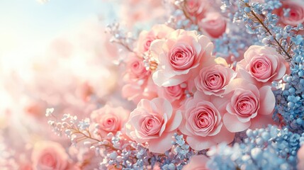 A soft focus, close-up image of pink roses and blue blossoms, with bokeh background
