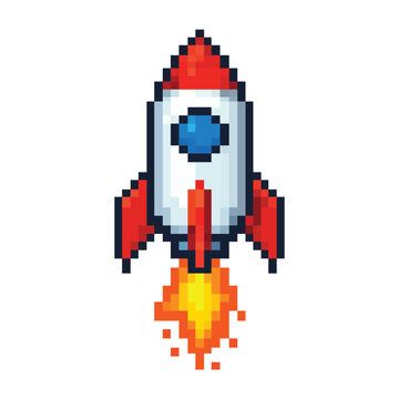 Pixel Art Rocket Launch Icon with Fire Vector Illustration