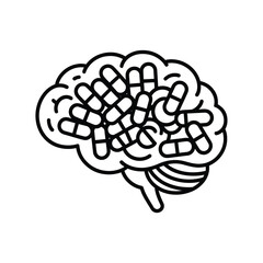 Illustration of a brain filled with pills and capsules