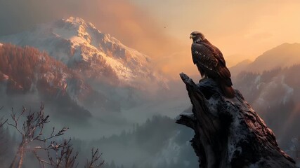A detailed, realistic portrayal of a majestic eagle perched on a rock, set against a backdrop of a serene mountainous landscape. The eagles feathers are intricately detailed.