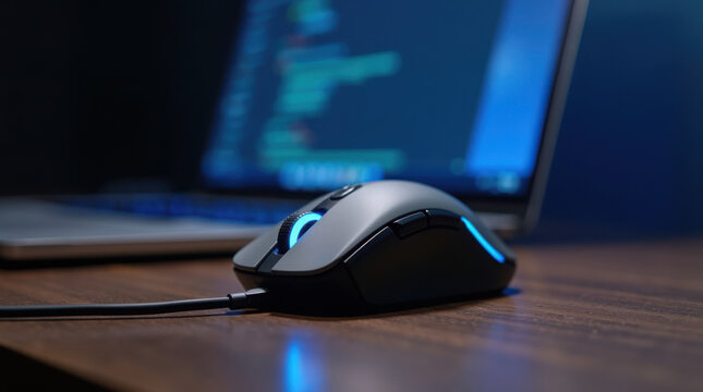 Modern wired gaming mouse with blue glow on a desk with laptop