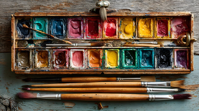 A flat lay image of art supplies including a paint palette with watercolor paints, paintbrushes, and a canvas, arranged on a wooden surface. - Powered by Adobe