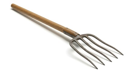A close-up of an old-fashioned metal pitchfork with a wooden handle, isolated on a white background. The tool shows signs of wear, representing traditional farming equipment used for lifting hay