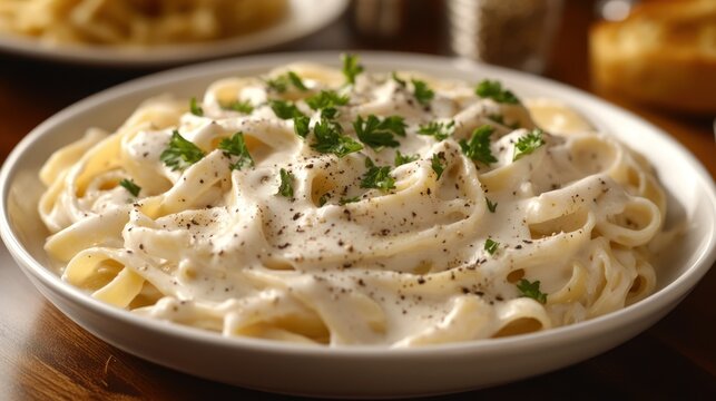 Close-up of creamy pasta dish with green garnish on a white plate, side view