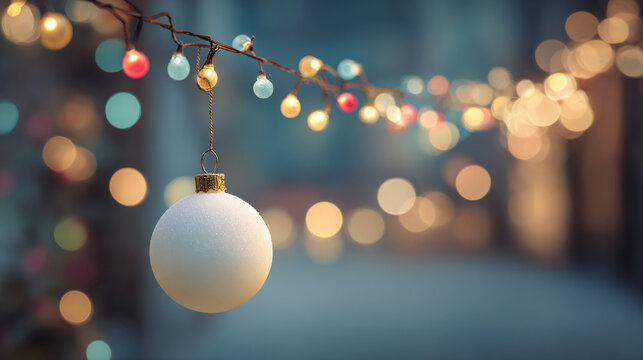 A white Christmas ornament hanging from a string of colorful lights