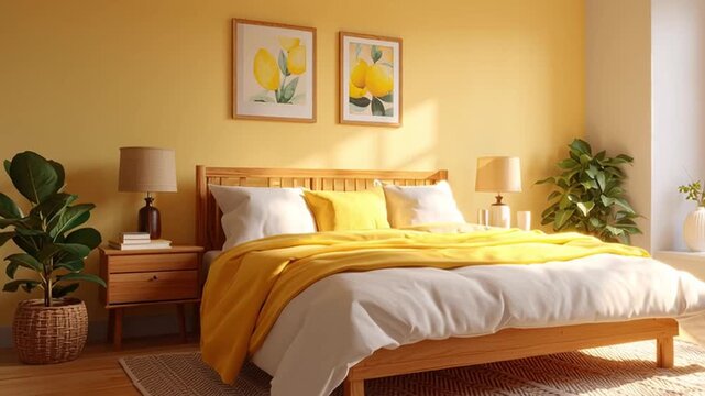 Bright yellow bedroom with lemon-themed decor, featuring a modern white and yellow color scheme. Includes a wooden bed frame with yellow duvet and white pillows, wall art, ceiling lights, soft lightin
