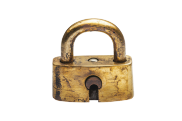 Antique brass padlock with a rustic finish isolated on transparent background. Secure padlock isolated on a white background.