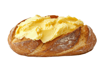 Slices of rustic bread with butter isolated on transparent background. Rye bread with butter spread on top isolated on white background.