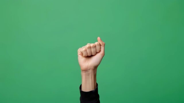 Caucasian womans hand opening and closing fist on chroma key green background. Hand gestures for video effects.