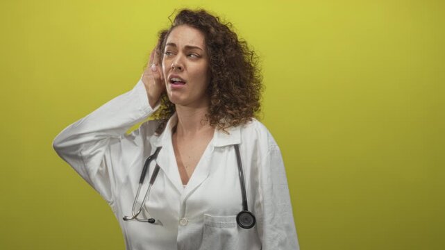 Young woman doctor with stethoscope cupping hand to ear in yellow studio; concern hearing difficulty.