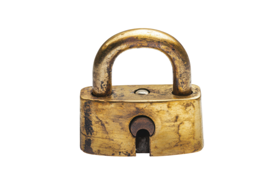 Antique brass padlock with a rustic finish isolated on transparent background. Secure padlock isolated on a white background.