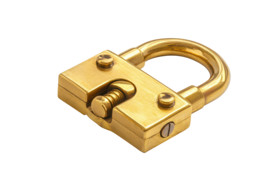 Antique brass padlock with a rustic finish isolated on transparent background. Secure padlock isolated on a white background.