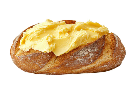 Slices of rustic bread with butter isolated on transparent background. Rye bread with butter spread on top isolated on white background.