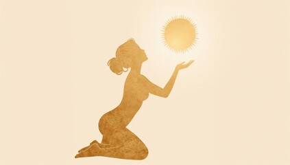Golden silhouette of kneeling woman holding sun, minimalist feminine art for spiritual wellness and empowerment themes