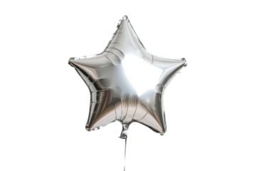 Silver star shaped foil balloon isolated on transparent background. Silver star helium balloon isolated on white background.