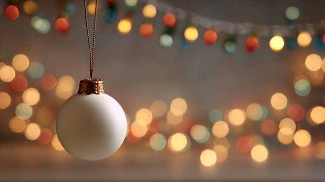 A white Christmas ornament with a gold cap and string is hanging in front of colorful, out-of-focus lights - Powered by Adobe