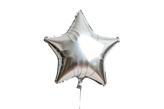 Silver star shaped foil balloon isolated on transparent background. Silver star helium balloon isolated on white background.