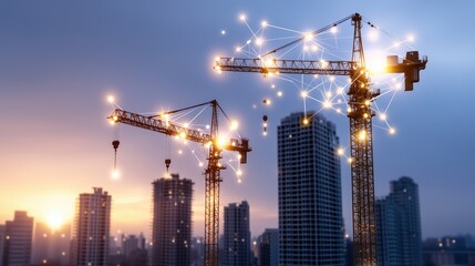 Fototapeta premium Smart Construction Cranes with Digital Network Connections Over a Modern Cityscape at Twilight