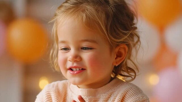Adorable child smiling and clapping at a lively birthday party, surrounded by balloons, decorations, and festive atmosphere.