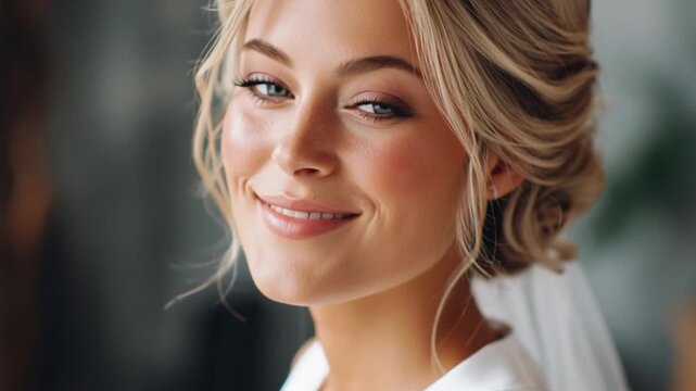 Blonde hair, wedding makeup for a bride with a large, wide nose and smoky eyes in the style of eye shadow, a natural look, an updo hairstyle, long eyelashes, a light smile, and a white dress.

