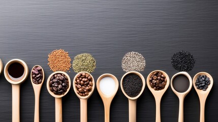 A diverse array of coffee beans, seeds, and spices artfully arranged in wooden spoons on a dark backdrop