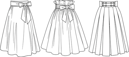Long skirt silhouette, fashion design, pleated styles, bow waistband, button detail, black vector, sewing pattern, clothing icon, elegant, trendy