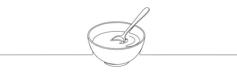 Continuous one line drawing of a bowl with a spoon. Concept of food, eating and healthy lifestyle