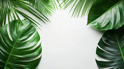 Tropical green leaves frame a pristine white background, creating a minimalist botanical composition that evokes freshness, serenity, and natural elegance