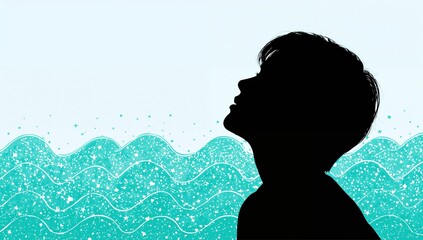 Silhouette of person looking up with sparkling waves and starry elements on a light blue background